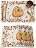 Boho Fall Placemat, Thanksgiving Watercolor Pumpkins Heat Resistant Washable Table Place Mats Sunflowers Eucalyptus Table Linens Party Holiday Decor for Home Kitchen Dining Outdoor Indoor,