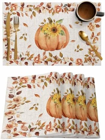 Boho Fall Placemats Set of 6, Thanksgiving Watercolor Pumpkins Heat Resistant Washable Table Place Mats Sunflowers Eucalyptus Table Linens Party Holiday Decor for Home Kitchen Dining Outdoor Indoor,