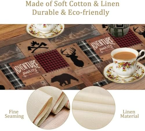Rustic Cabin Moose Deer Bear Table Runner, Retro Bear Cottage Country Style Cabin Farmhouse Dinner Runner for Home Kitchen Dining Table Decoration 13"x70"