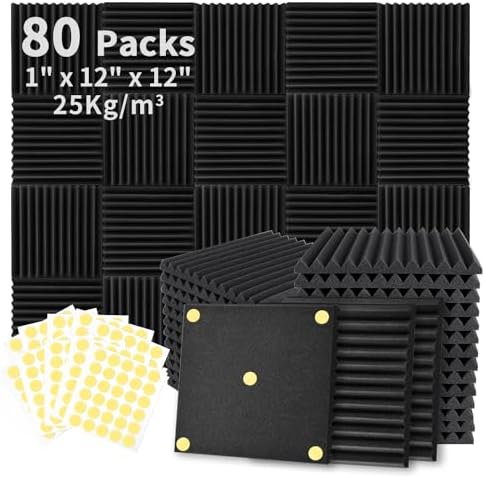 Focusound 80 Pack Acoustic Foam Panels 1" x 12" x 12" Sound Proof Foam Panles Soundproofing Noise Cancelling Wedge Panels for Home Office Recoding Studio with 420PCS Double-Side Adhesive
