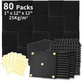 Focusound 80 Pack Acoustic Foam Panels 1" x 12" x 12" Sound Proof Foam Panles Soundproofing Noise Cancelling Wedge Panels for Home Office Recoding Studio with 420PCS Double-Side Adhesive