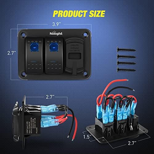 Nilight 2 Gang Rocker Switch Panel w/PD Type C and USB Socket Voltmeter