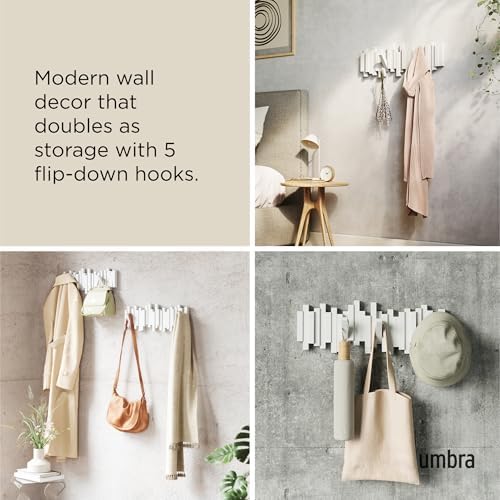 Umbra Sticks Wall Mount Coat Rack, 5 Hook Retractable Pegs, White