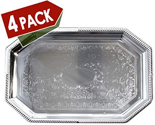 (Pack of 4) Elegant Floral Engraved Serving Tray Chrome Plated Steel Plate Platter Decorative Wedding Birthday Party Shiny Silver Color (Octagonal 20.1" x 13.8")