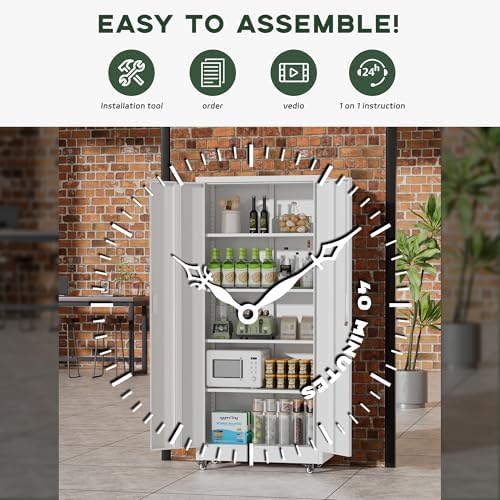 Greenvelly 73" Metal Storage Cabinet with Wheel, Lockable White Metal Garage Cabinets with 2 Doors and 4 Adjustable Shelves, Rolling Steel Tool Cabinet for Garage, Home Office, School