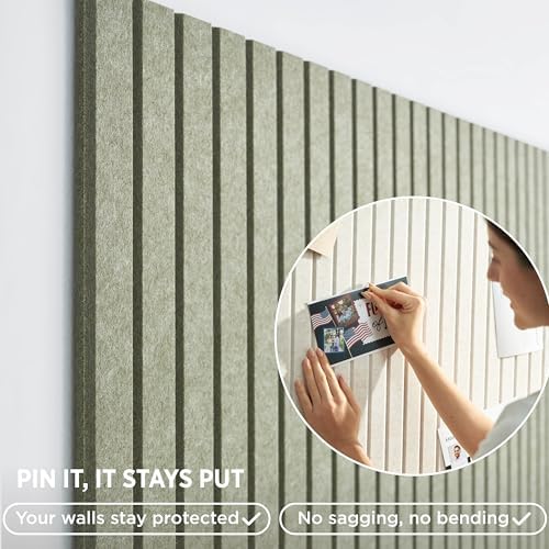 VIVELDA Felt Bulletin Board Tiles 48"x36" 12-Pack, Cork Board Alternative, OEKO-TEX Certified, NRC 0.95 Acoustic Wall Panels, Damage-Free Adhesive, Slatted Design, Home Office, Classroom (Khaki Green)