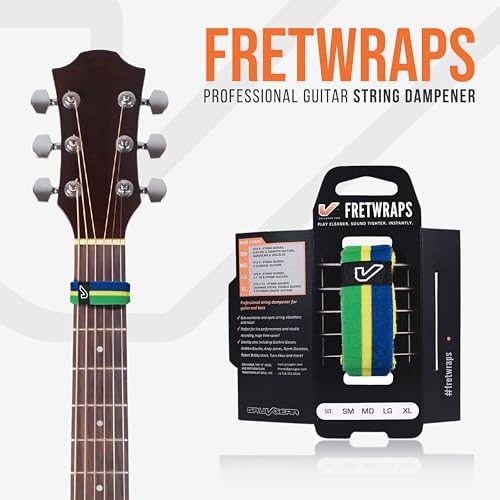 Gruv Gear Fret Wrap & Guitar Mute, Fretwrap for Acoustic, Electric & Bass | String Dampener Recording, Tapping & Practice Accessory (1 Pack, Large Green/Yellow/Blue, Fits 6 String Bass, 8 String