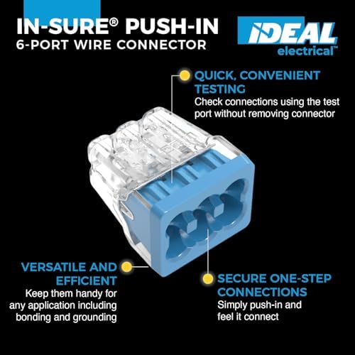 Ideal Electrical in-Sure Push-in Wire Connector, 6-Port (30-1088J), Jar of 200—Color Coded No-Twist Connectors for Solid and Stranded Wires