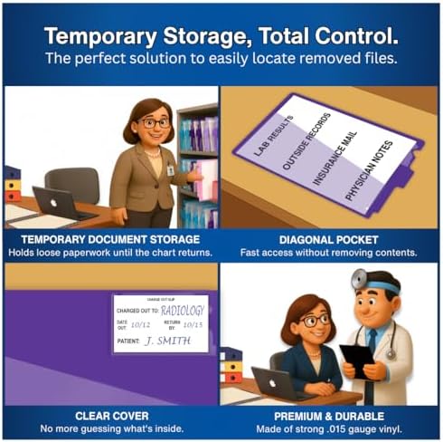 Doctor Stuff - Center Tab Vinyl Outguides, Diagonal Cut Front Pocket, Top Charge Out Slip Pocket, Plastic File Folder, Letter Size 9" x 13-1/4", Purple, 25/Box