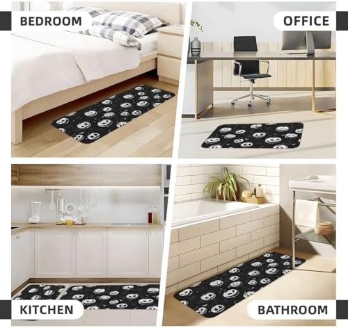 Thanksgiving Halloween Pumpkin Kitchen Floor Mat Set of 2, Non Slip Rugs Absorbent Mats for Floor Countertop Office Home, Black White Indoor Outdoor Decor Doormat 17" x 29.5" + 17" x 47"