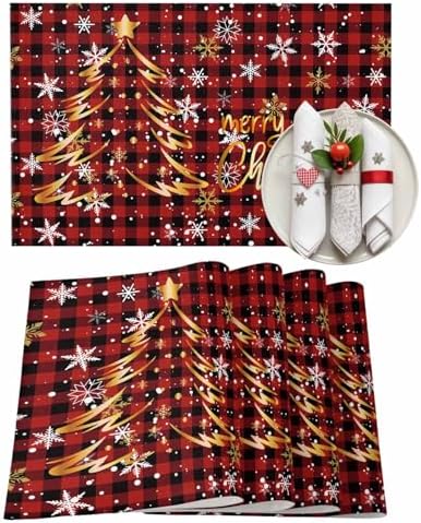Merry Christmas Placemat 1PC, Gold Xmas Tree Heat Resistant Washable Table Place Mats Red Black Buffalo Plaid Pattern Cotton Table Linens Party Holiday Decor for Kitchen Dining Outdoor Indoor