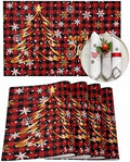 Merry Christmas Placemat 1PC, Gold Xmas Tree Heat Resistant Washable Table Place Mats Red Black Buffalo Plaid Pattern Cotton Table Linens Party Holiday Decor for Kitchen Dining Outdoor Indoor