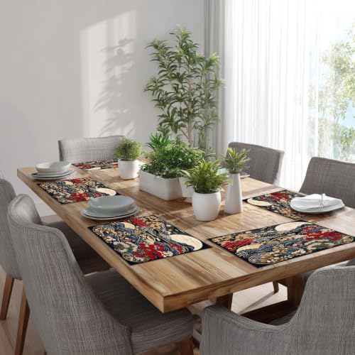Batmerry Flowers Waves Placemats, Beautiful Nature Scene with Moon Washable Linen Table Mats for Kitchen Table Double Insulation Decor Dining Set Indoor Outdoor 12X18 in Set of 8