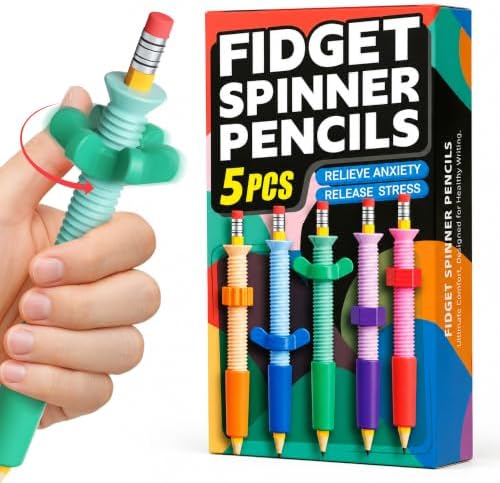 5 Pack Fidget Spinner Wooden Pencils,Pre-Sharpened 7.3" #2 HB Pencil with Ergonomic Grips&Erasers,Sensory Fidget Topper for ADHD,Autism & Anxiety Relief,Calm Focus Tool for Classroom,Home &Office