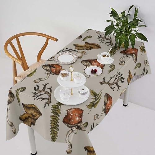 Vintage Woodland Mushroom Tablecloth, Nature Forest Plants Botanical Ferns Print Table Cloth for Farmhouse Kitchen Party Picnic Dinner Decor 60x120in