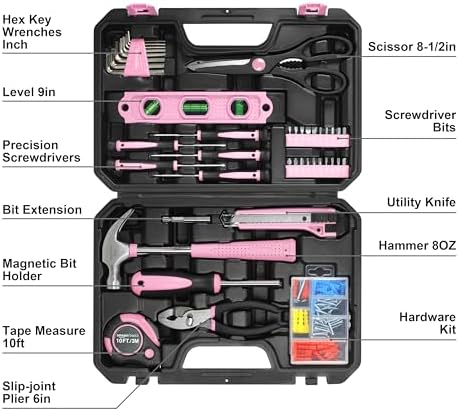 Amazon Basics 142-Piece Household Tool Kit for Home Repair, Hand Tools with Storage Case, 13.39 x 9.25 x 2.95 inch, Pink