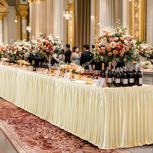Wish Care 14ft Champagne Satin Table Skirt for Rectangle Tables Wrinkle Free Teacher Desk Skirt Glitter Ruffle Table Skirting Cloth for Back to School Classroom Office Dorm Birthday Party Table Decor