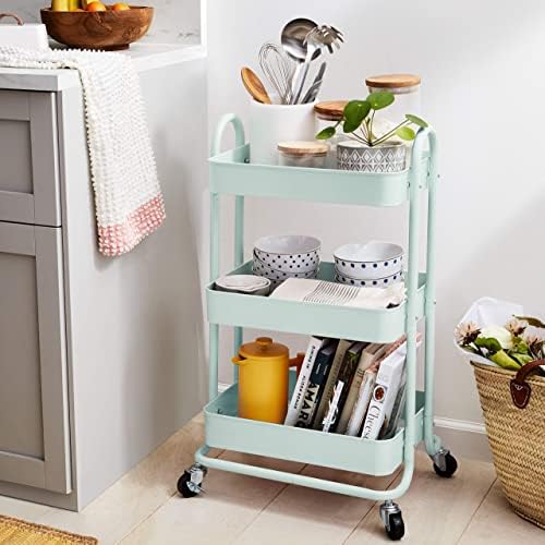 Amazon Basics 3-Tier Metal Rolling Utility Cart, Storage Organizer, Multi-Functional Kitchen Island Cart, Portable Shelving Unit with Caster Wheels, Mint Green