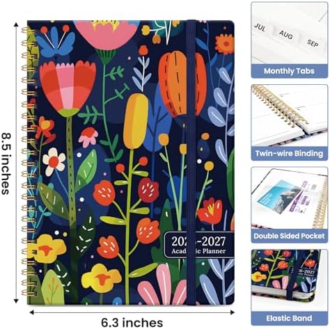Planner 2026-2027, Jul 2026-Jun 2027 Academic Monthly & Weekly Planner | 6.3" x 8.5" Hardcover Pretty Calendar Planner for Women, Spiral Organizer for School Office Home Supplies, Bloom Burst