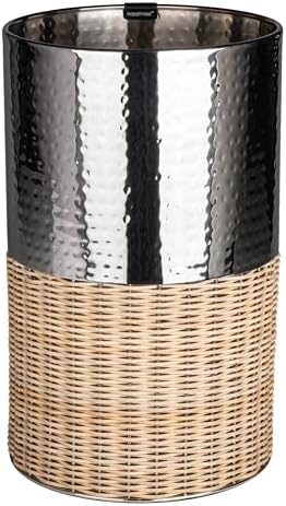 happimess Asher 4.13 Gal Wicker Cylinder Waste Basket, Chrome/Natural