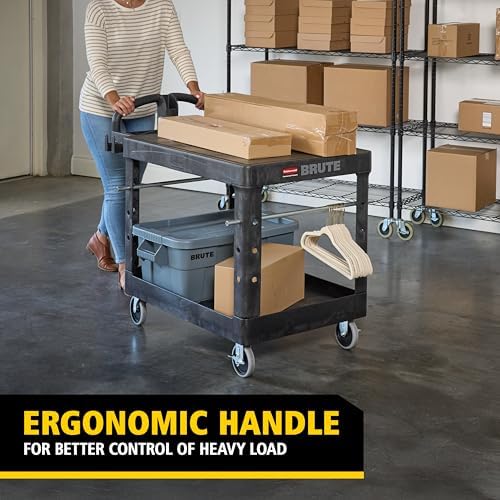 Rubbermaid Commercial Products 2-Shelf Utility/Service Cart, Medium, Flat Shelves, Ergonomic Handle, 500 lbs. Capacity, Ideal for Warehouse/Garage/Cleaning/Manufacturing