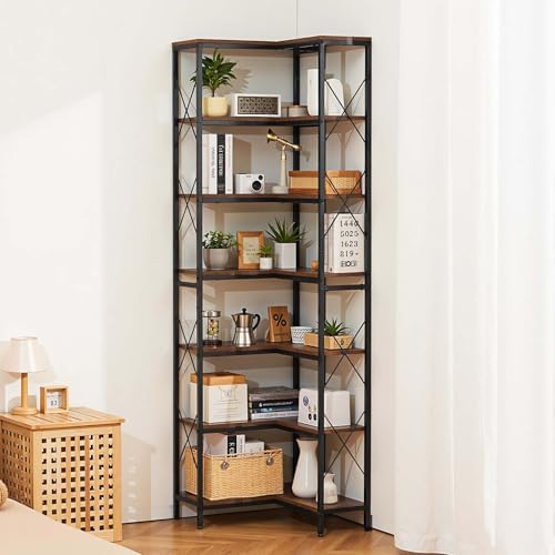 VEVOR 7 Tier Corner Bookshelf, 79" Tall Corner Bookcase with Heavy Duty Metal Frame & Wooden Shelves, Industrial Reversible L Shaped Corner Display Shelf for Bedroom, Living Room, Office