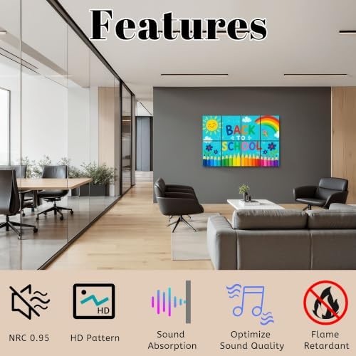 8 Pack Art Acoustic Panels Sound Absorbing Back to School Colorful Pencils Rainbow Sun Decorative Soundproof Wall Panels Self Adhesive for Home Recording Studios 48"x32"