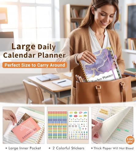 Teacher Planner 2026-2027, July 2026 - June 2027, Academic Weekly & Monthly Calendar Planner with Tabs, 8.5" x 11" A4 Teacher Lesson Plan Book with 7 Periods, Daily Agenda School Organizer for Teacher Student Homeschool, Pink Marble