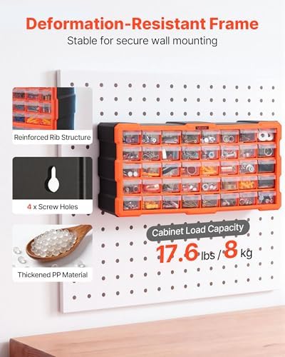 VEVOR 40-Drawer Storage Organizer, Plastic, Drawer Storage Cabinet for Garage Organization, Stackable Small Parts Organizer, Wall-Mounted Toolbox, for Hardware, Beads, Screws, Crafts, Building Bricks