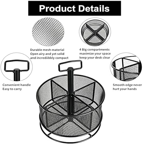 Marbrasse Mesh Desk Organizer, 360-Degree Rotating Multi-Functional Pen Holder, 4 Compartments Desktop Stationary Organizer, Home Office Art Supply Storage Box Caddy (Black)
