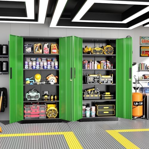 Greenvelly Metal Garage Storage Cabinet, 72" Tall Steel Storage Cabinets with Doors and Adjustable Shelves, Metal Tool Cabinets, Locking File Cabinet for Home Office, Garage, School (Black&Green)