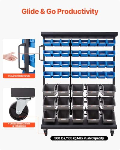 VEVOR 7-Tier Double-Sided Rolling Bin Storage Rack, 94 Plastic Bins, Dual-Sided Parts Organizer with Wheels, Mobile Tool Organizer for Garage, Warehouse, Office, Restaurant, Classroom, Kitchen