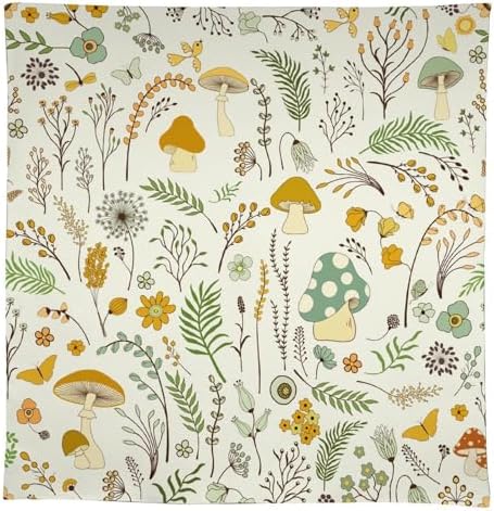 Wild Mushroom Tablecloth, Vintage Botanical Rustic Wildflower Herbs Plants Green Mushroom Table Cloth for Farmhouse Kitchen Dinning Room Picnic Parties Home Decor 55x55in