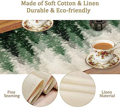 Green Forest Pine Trees Table Runner, Woodland Tabletop Scarf Home Kitchen Holiday Decor, Seasonal Farmhouse Rustic Dining Decorations Party Supply 13 X 36 Inch