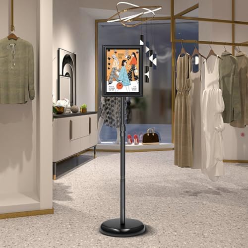 Sign Holder Stand 8.5x11 Inch, Adjustable Sign Stand with 360 Rotated Frame, Floor Standing Sign Holder, Snap-Open Frame Display, Outdoor Indoor Poster Display for advertising, Malls, Black