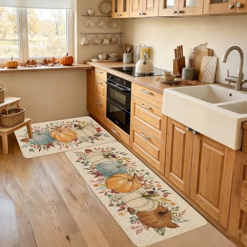 Baccessor Fall Pumpkin Kitchen Rug Autumn Set of 2,17x29 and 17x47 Inch