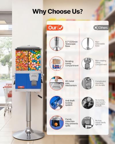 VEVOR Commercial Vending Machine, Four Compartment Rotatable Gumball and Candy Dispenser, Adjustable Height Coin Operated Candy Bank with Iron Stand, for Business Toy Capsules Bouncy Balls Nut, Blue