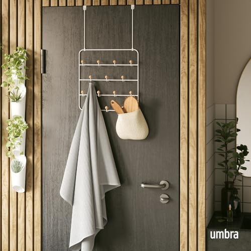 Umbra Estique Coat Rack, Over the Door Wall Hooks, 14 Hook, White/Natural