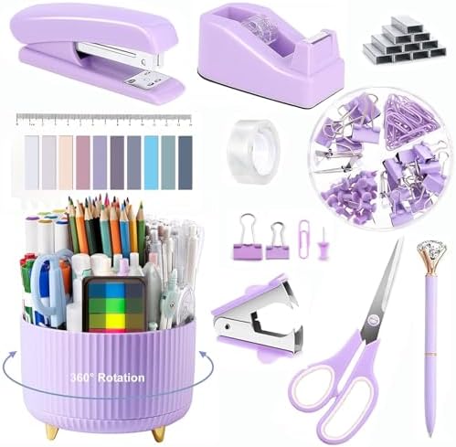 Office Supplies,Purple Desk Accessories,Office Supplies Set,Desk Organizer,Stapler,Tape Dispenser,Scissors,Staple Remover,Binder Clips,Staples,Ballpoint Pen,Index Tabs with Ruler,Clear Tape.10pcs