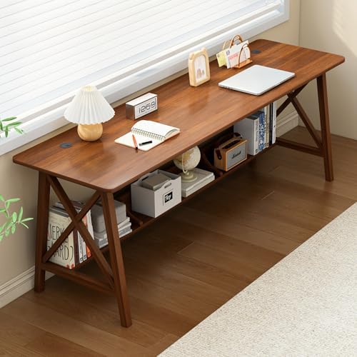 NELYE Extra Long Writing Desk with Bookshelf, 71" Wx20 Dx30 H, Walnut