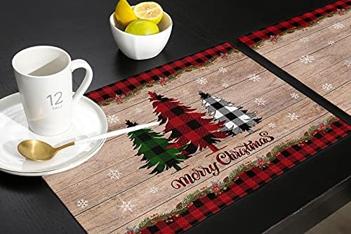 Artwork Store Merry Christmas Placemats Set of 4,Cotton Linen Table Mats Non-Slip Washable Buffalo Plaid Farm Xmas Tree Snowflake Pine Tree Placemat for Holiday Party Dining Kitchen Table Decor