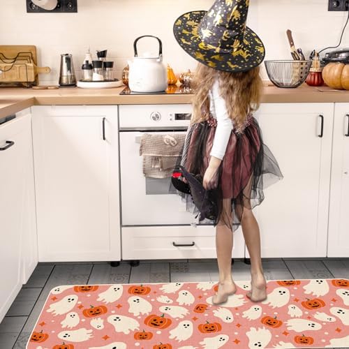 JarThenaAMCS Halloween Kitchen Mats Set of 2 Pink Ghost Pumpkin Kitchen Floor Mat Non-Slip Decorative Bathroom Rugs for Party Home Entrance, 17 x 29 Inch & 17 x 47 Inch