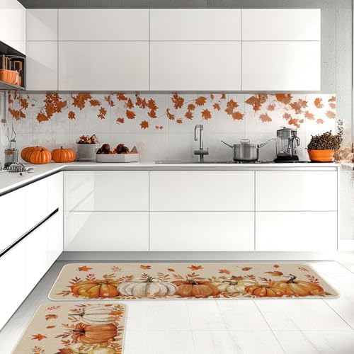 FYSUIMU 2Pcs Fall Kitchen Mat White Orange Pumpkin Maple Leaves Welcome Floor Mat Non-Slip Door Rug for Autumn Harvest Thanksgiving Indoor Outdoor Bathroom, 17 x 29 Inch & 17 x 47 Inch