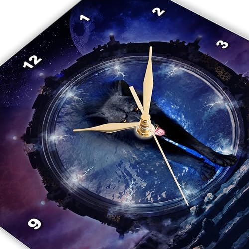3dRose Wall Clock Silent - 13 inch - Awesome Black Wolf in The Night - Köhnen Design - Animal