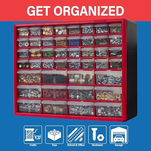Akro-Mils 44-Drawer Plastic Storage Cabinet, 20" W x 6" D x 16" H, Red