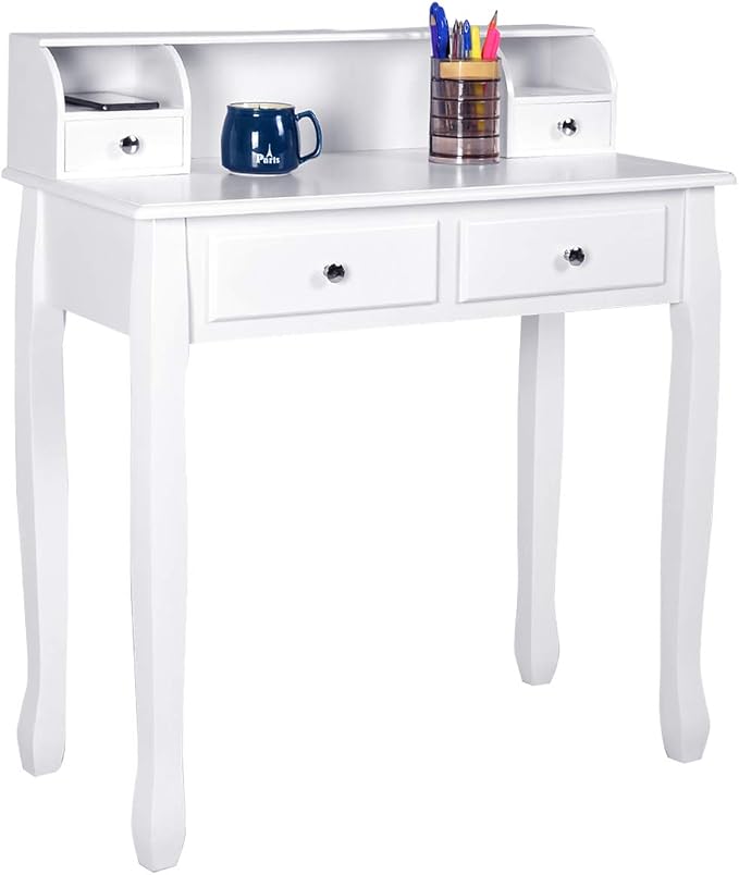 GOFLAME Writing Desk, Large Storage Space with 4 Drawers, Secretary Table Computer Desk Writing Table with Detachable Tabletop Organizer, Suit for Home and Office Use (White)