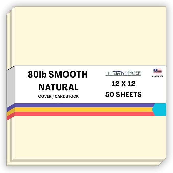50 Natural Smooth Card Stock Sheets Paper - 12 X 12 Inches Scrapbook Album|Cover Size - 80# (80 lb/pound) Cover Weight - Quality Paper - Smooth Finish