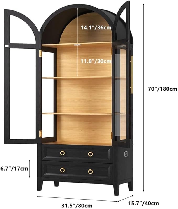 Arched Curio Cabinet with Glass Doors, 4-Tier Display Cabinet with 2 Drawers, Tall Bookcase with 3 Color Lights, Display Case, Kitchen Pantry, Black+Wood