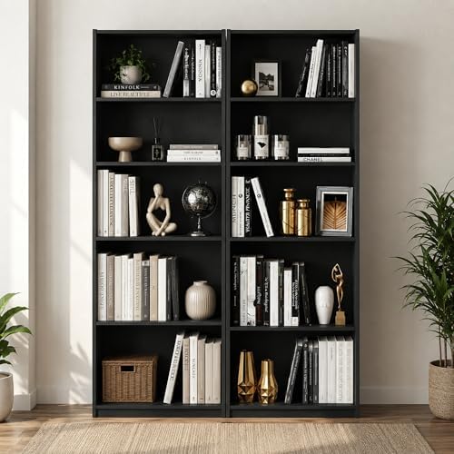 Furinno Jaya 5-Tier Book Shelf with Adjustable Shelves Set of 2, Darkwood