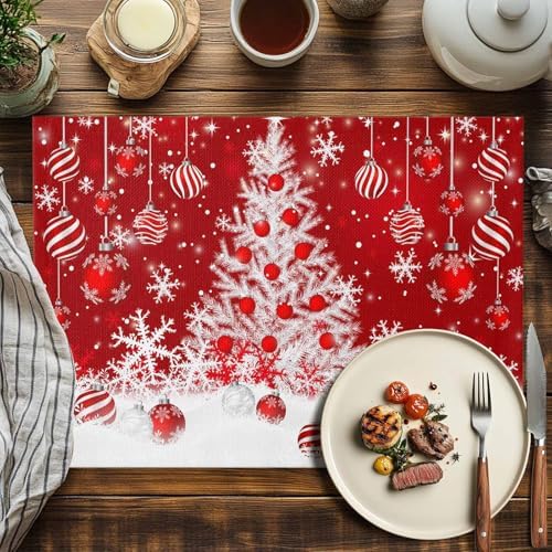 Red Christmas Placemat 1PC, White Xmas Tree Snowflakes Red Balls Heat Resistant Washable Table Place Mats Winter Cotton Table Linens Party Holiday Decor for Kitchen Dining Outdoor Indoor